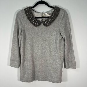 Anthropologie Poststamp Women's Beaded Puritan Collar 3/4 Sleeve Gray Top Keyhol